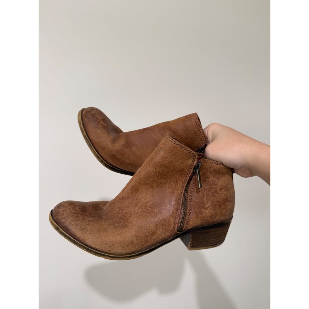 Lucky Brand Basel Brown Leather Ankle Booties Side Zip Block Heel Boots 7M